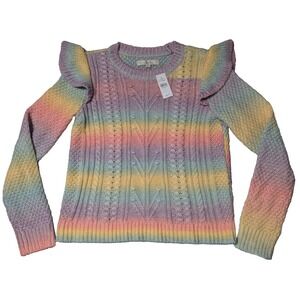 LOFT Women Medium Rainbow Pastel Arcylic Blend Ruffle Cable Knit Sweater NEW